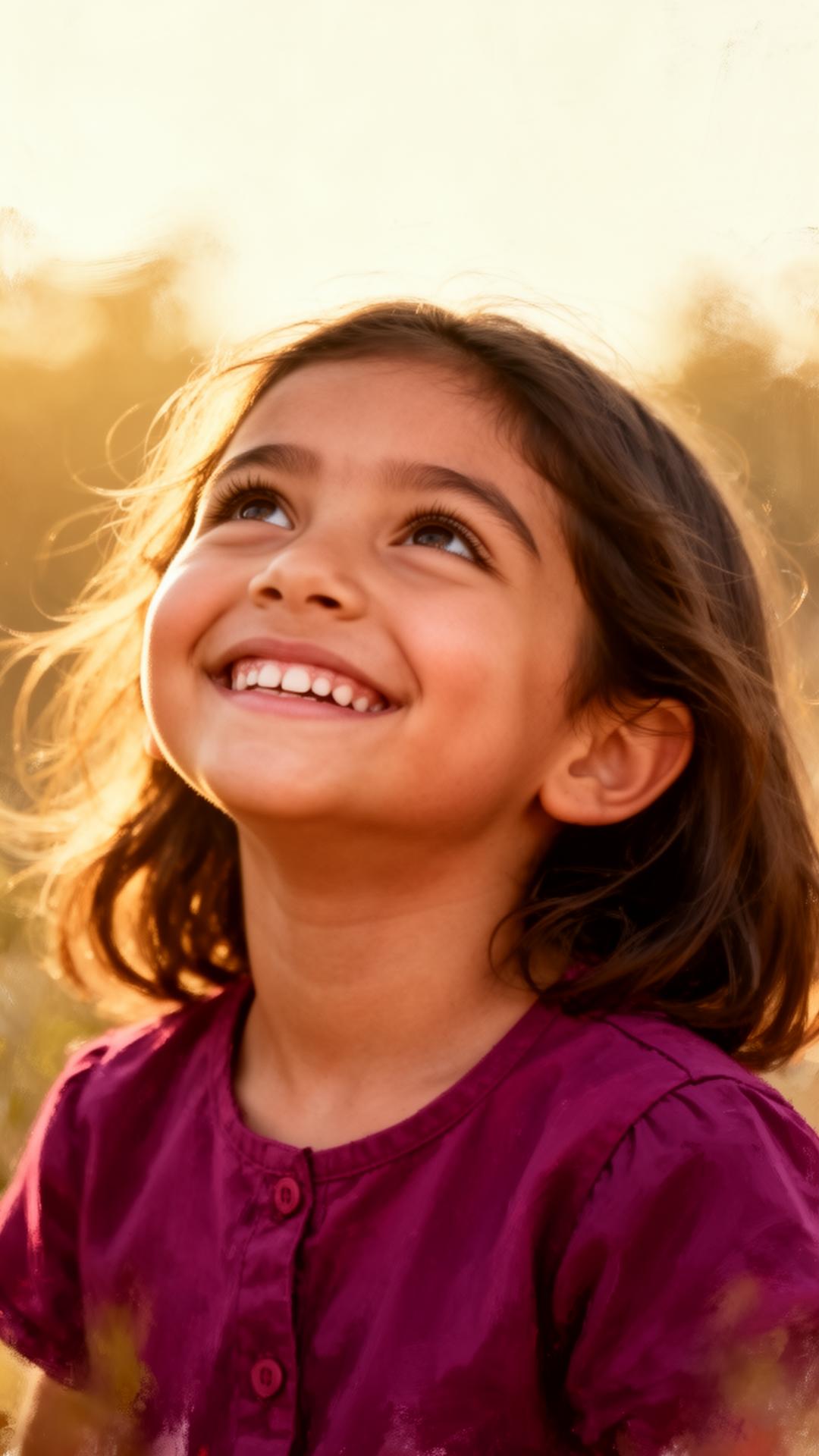 A young girl smiling in golden sunlight